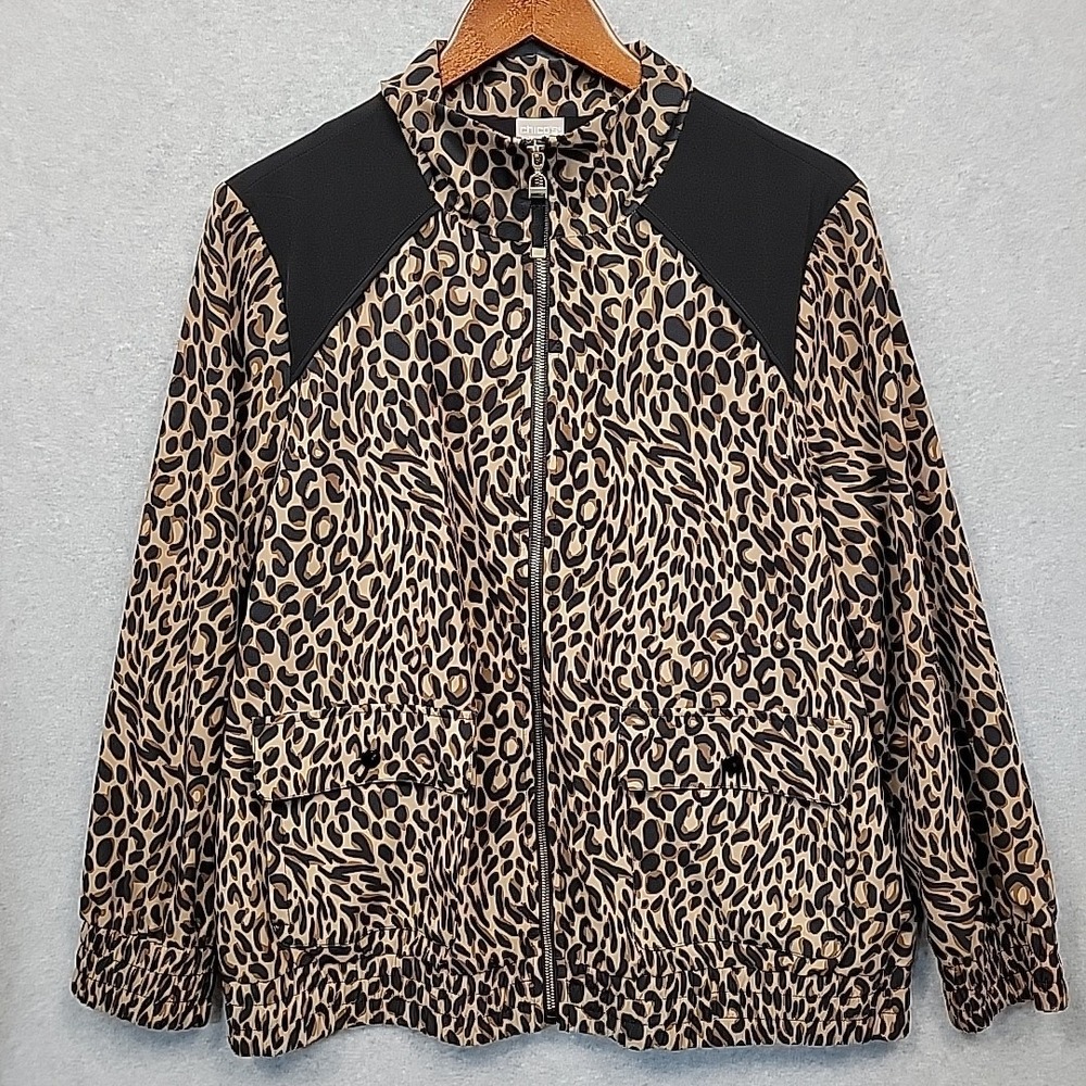 Chico's Zenergy Womens 3 16-18 LongSleeve Animal Print Full Zip Jacket Pockets